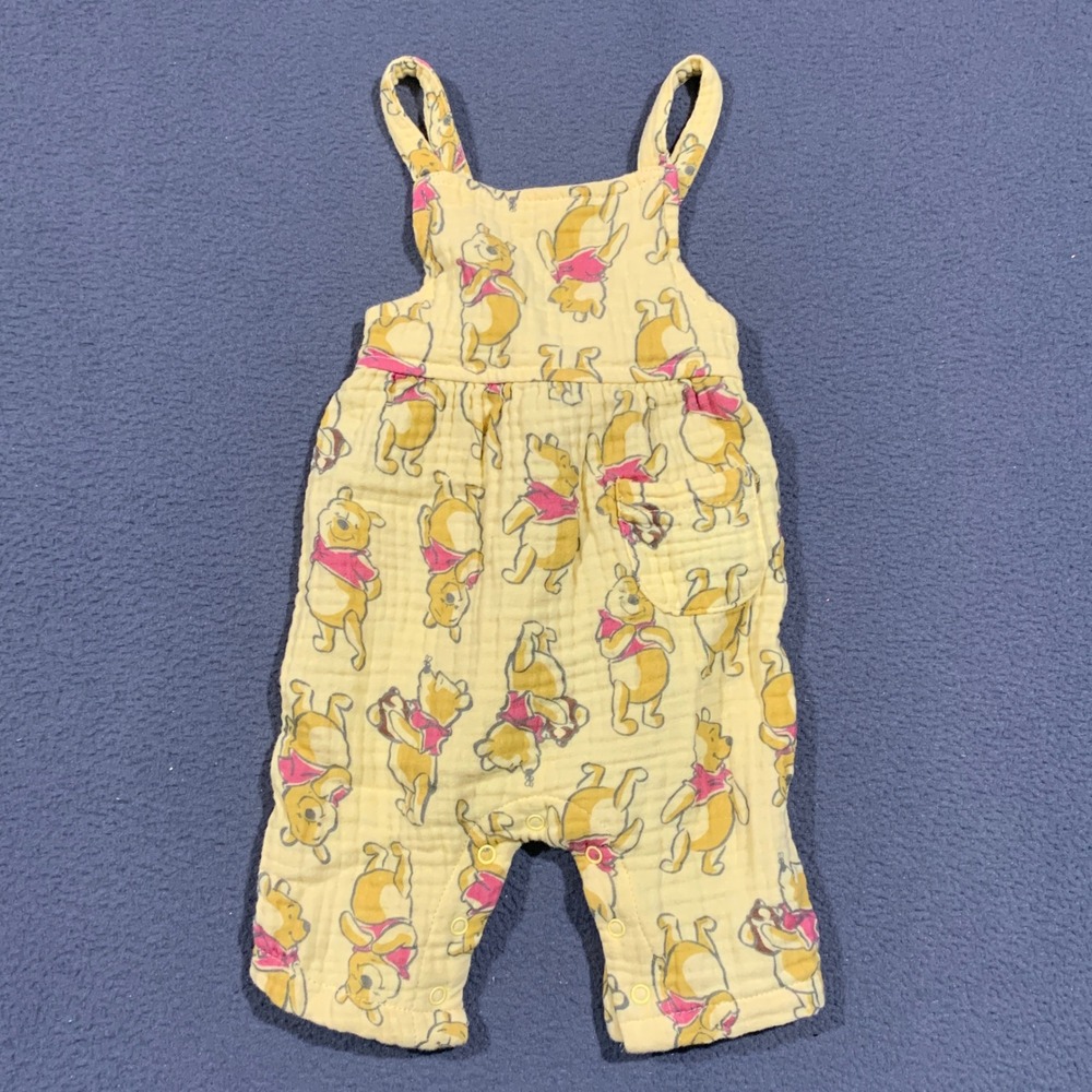 Disney Baby Winnie the Pooh Overalls Baby 0-3M Yellow Muslin Gauze Romper Snaps